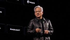 Jensen Huang speaking on stage at a Nvidia technology conference