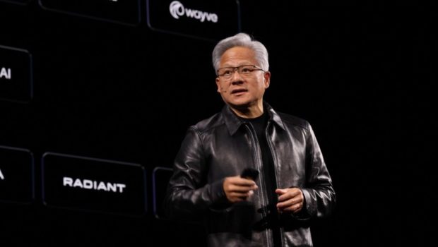 Jensen Huang speaking on stage at a Nvidia technology conference